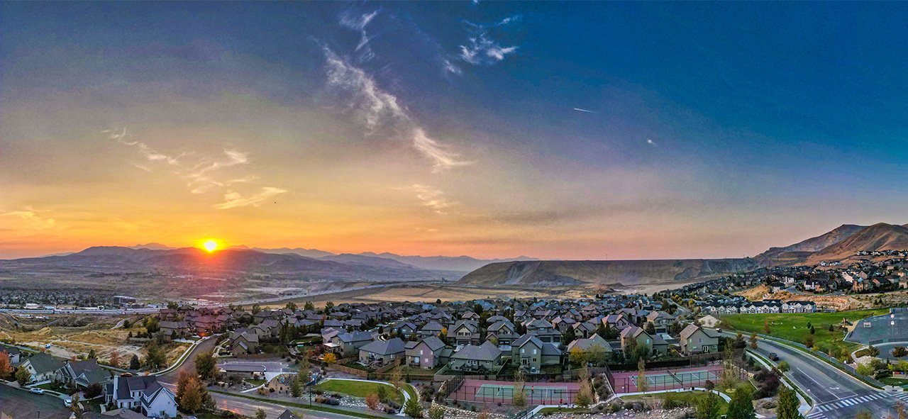 Panoramic view of Lehi, Utah at sunrise.