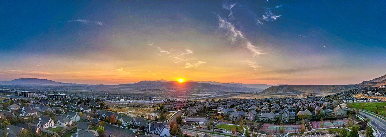 Panoramic view of Lehi, Utah at sunrise.